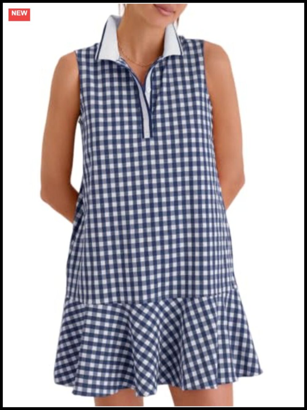 Womens Gingham Polo Dress V Neck Sleeveless Tennis Dress Ruffled Hem Mini